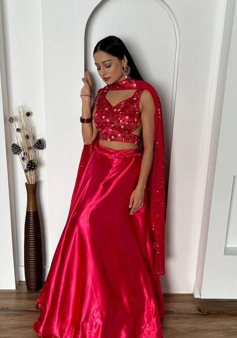 Multicolor Embroidererd Silk Lehenga Set With Dupatta