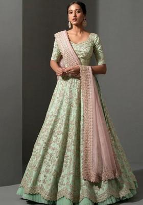 Multicolor Embroidererd Silk Lehenga Set With Dupatta