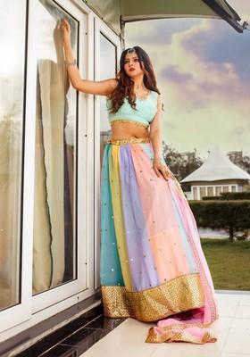 Multicolor Embroidererd Georgette Lehenga Set With Dupatta