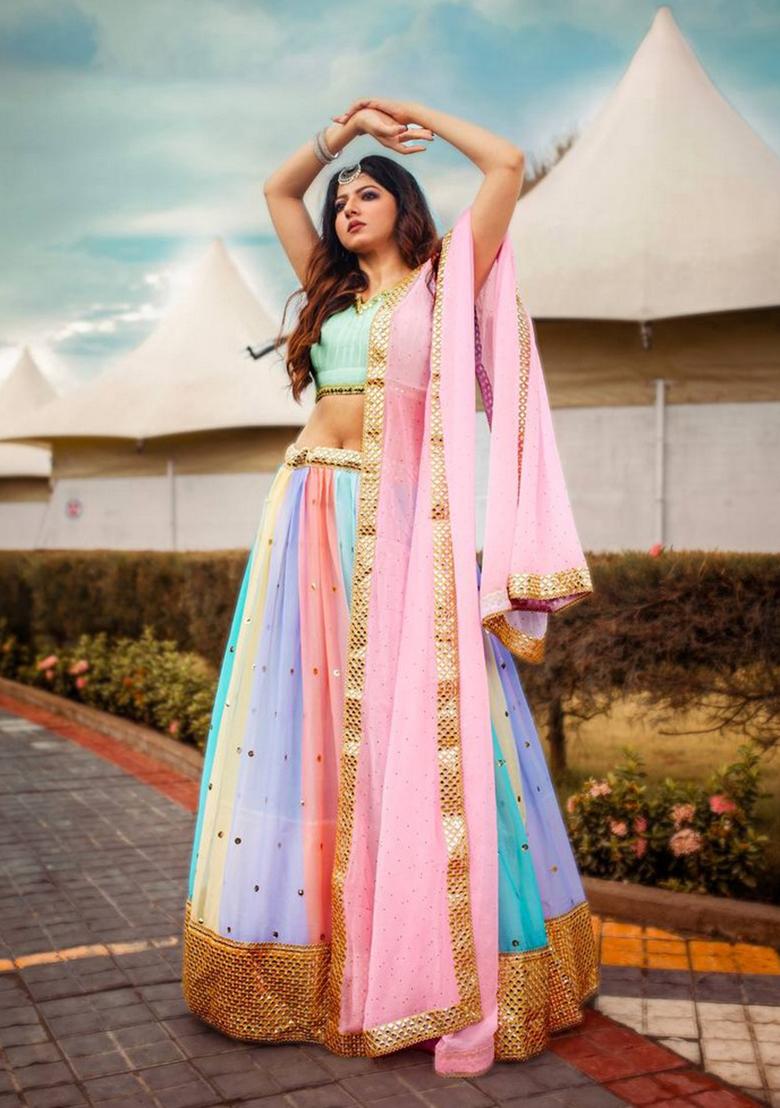 Multicolor Embroidererd Georgette Lehenga Set With Dupatta