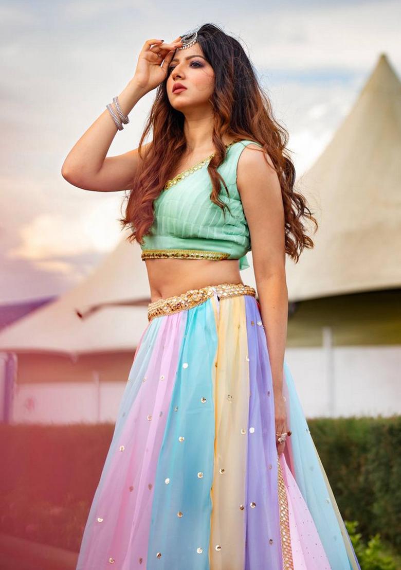 Multicolor Embroidererd Georgette Lehenga Set With Dupatta