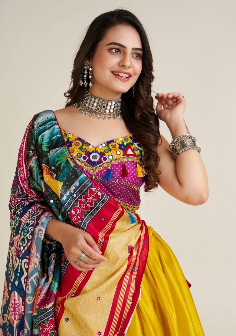 Multicolor Embroidererd Silk Lehenga Set With Dupatta