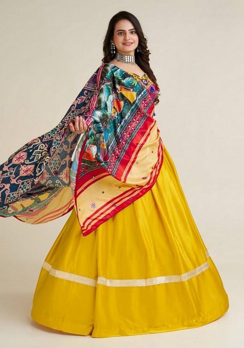 Multicolor Embroidererd Silk Lehenga Set With Dupatta