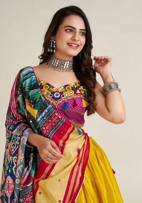 Multicolor Embroidererd Silk Lehenga Set With Dupatta