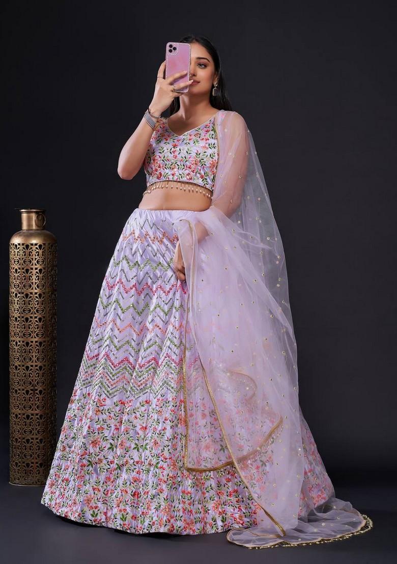 Multicolor Embroidererd Silk Lehenga Set With Dupatta