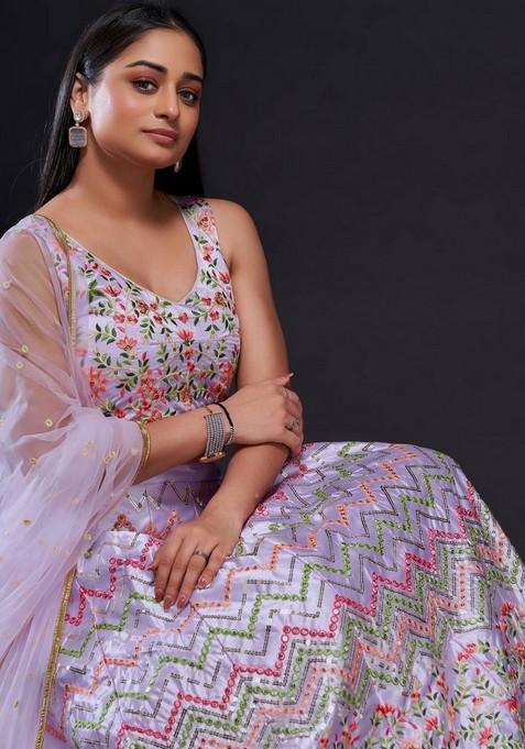 Multicolor Embroidererd Silk Lehenga Set With Dupatta