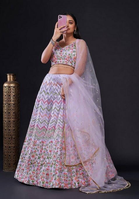 Multicolor Embroidererd Silk Lehenga Set With Dupatta