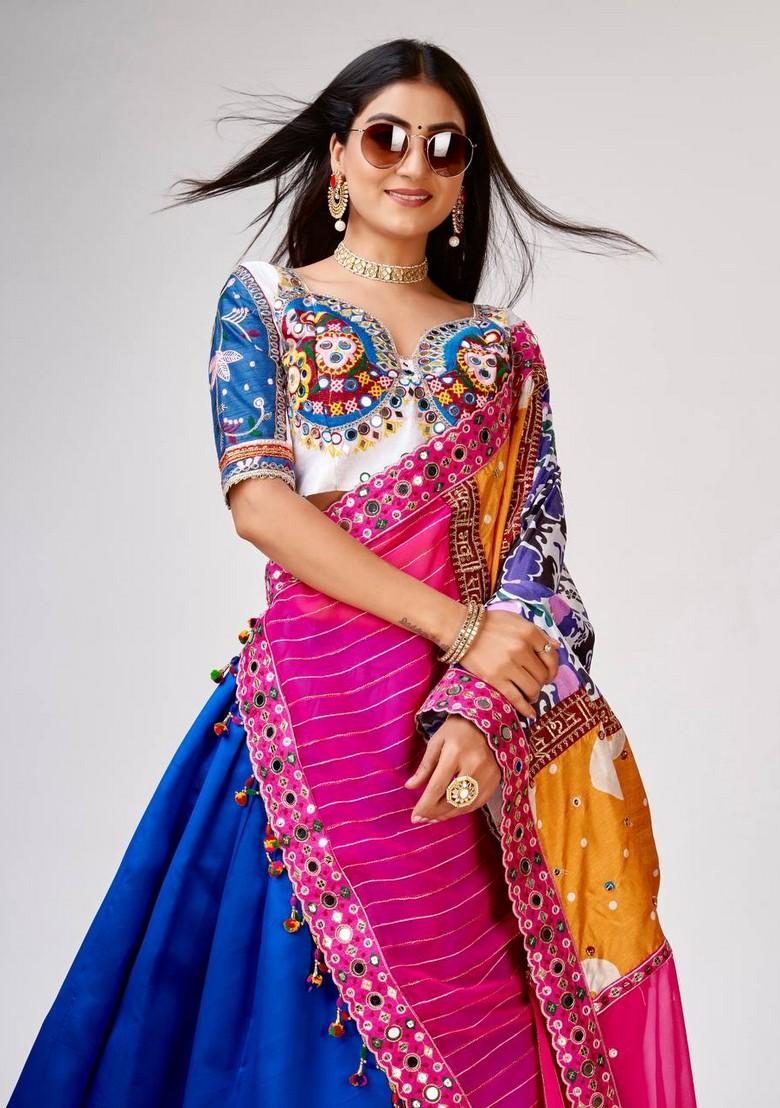 Multicolor Embroidererd Silk Lehenga Set With Dupatta