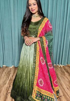 Multicolor Embroidererd Silk Lehenga Set With Dupatta