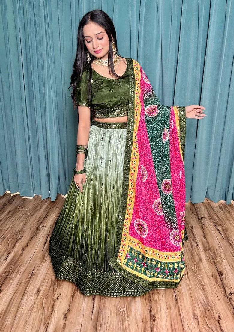 Multicolor Embroidererd Silk Lehenga Set With Dupatta