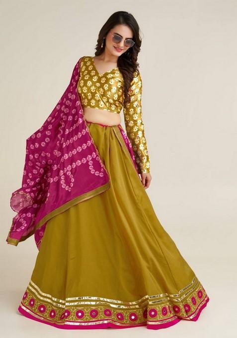 Multicolor Thread Work Silk Lehenga Set With Dupatta