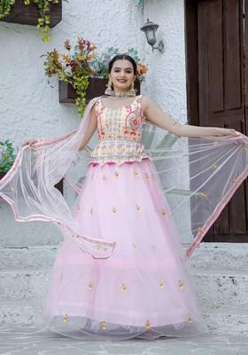 Multicolor Thread Work Silk Lehenga Set With Dupatta