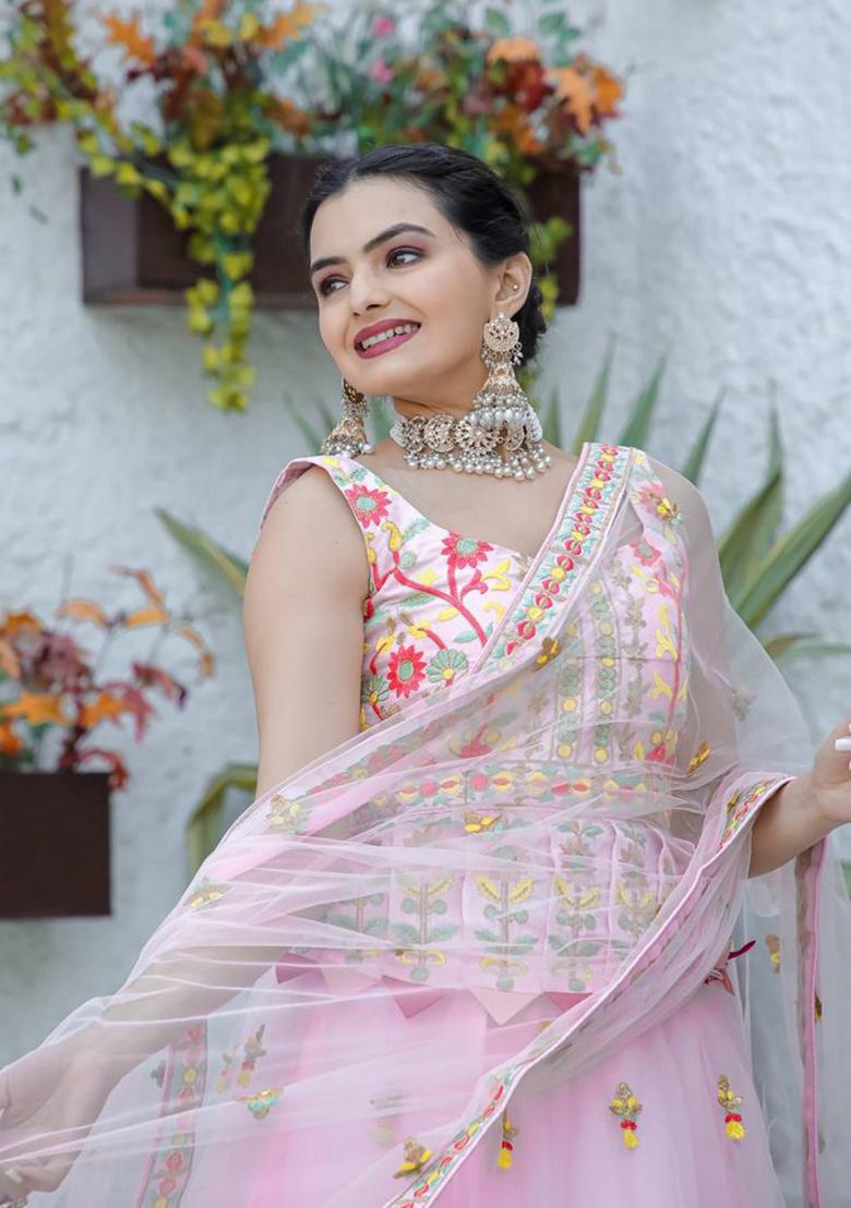 Multicolor Thread Work Silk Lehenga Set With Dupatta