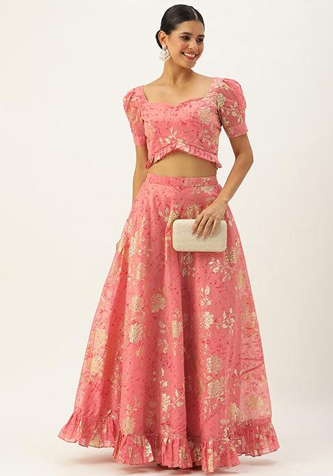 Pink Printed Art Silk Lehenga Set