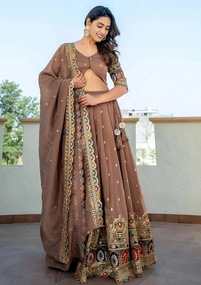 Beige Embroidererd Silk Lehenga Set With Dupatta