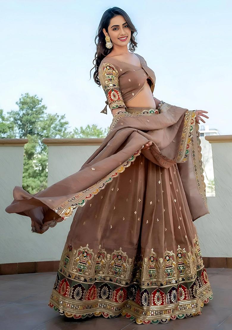 Beige Embroidererd Silk Lehenga Set With Dupatta