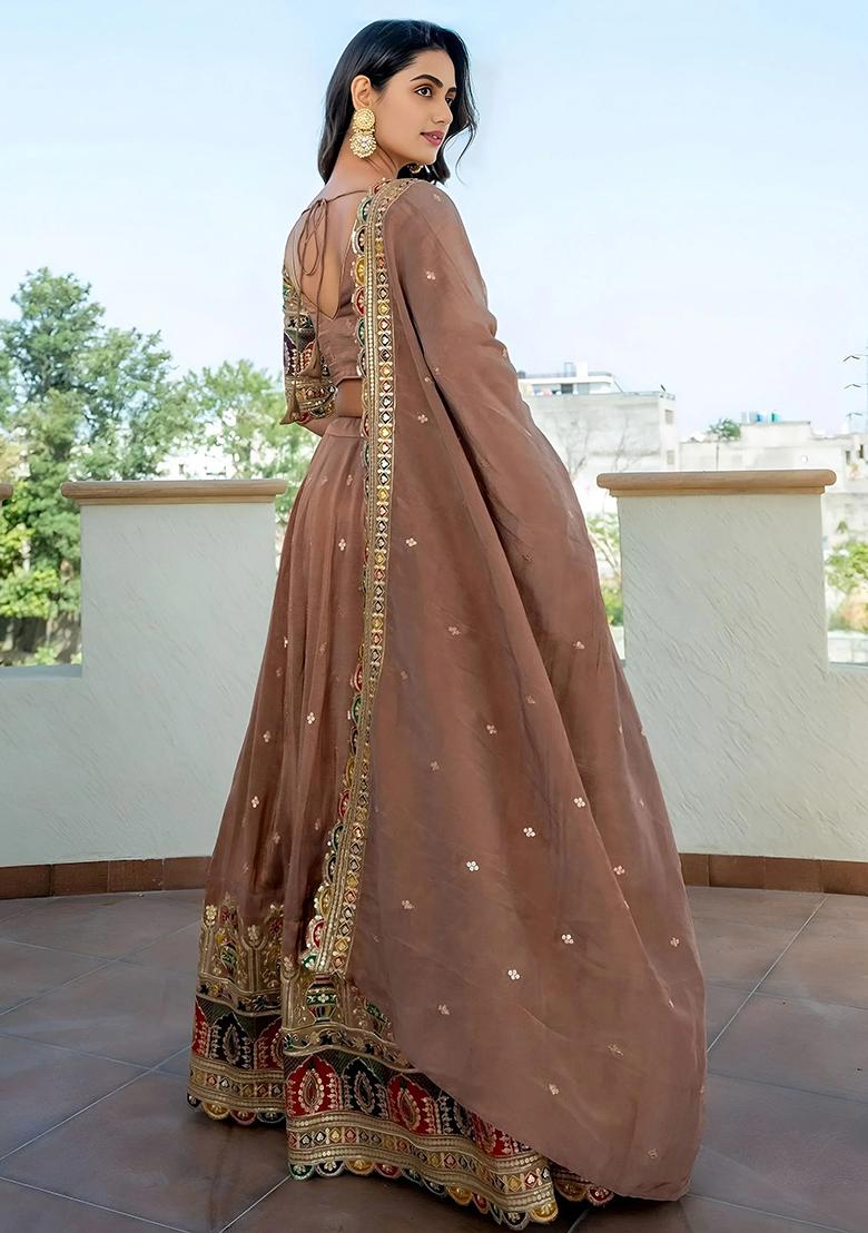 Beige Embroidererd Silk Lehenga Set With Dupatta