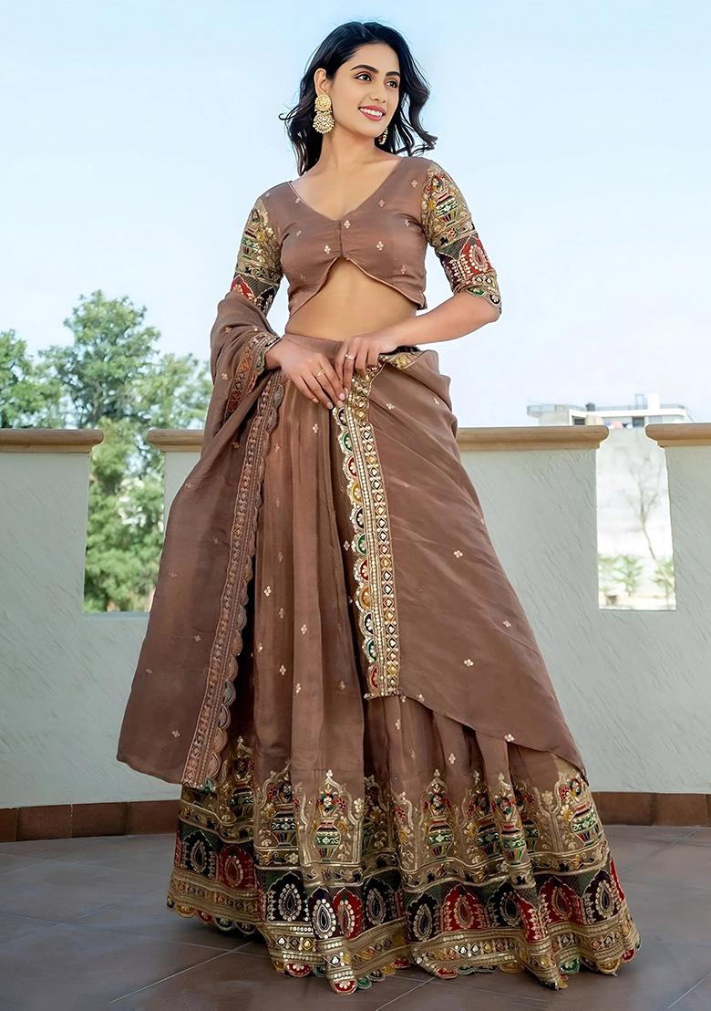 Beige Embroidererd Silk Lehenga Set With Dupatta