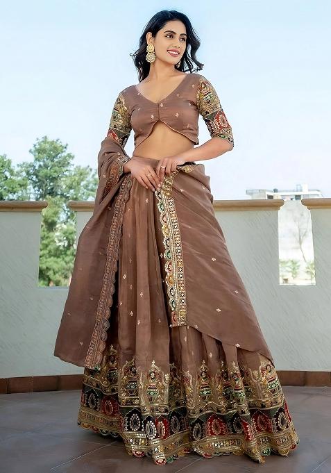 Beige Embroidererd Silk Lehenga Set With Dupatta