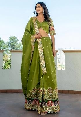 Green Embroidererd Silk Lehenga Set With Dupatta