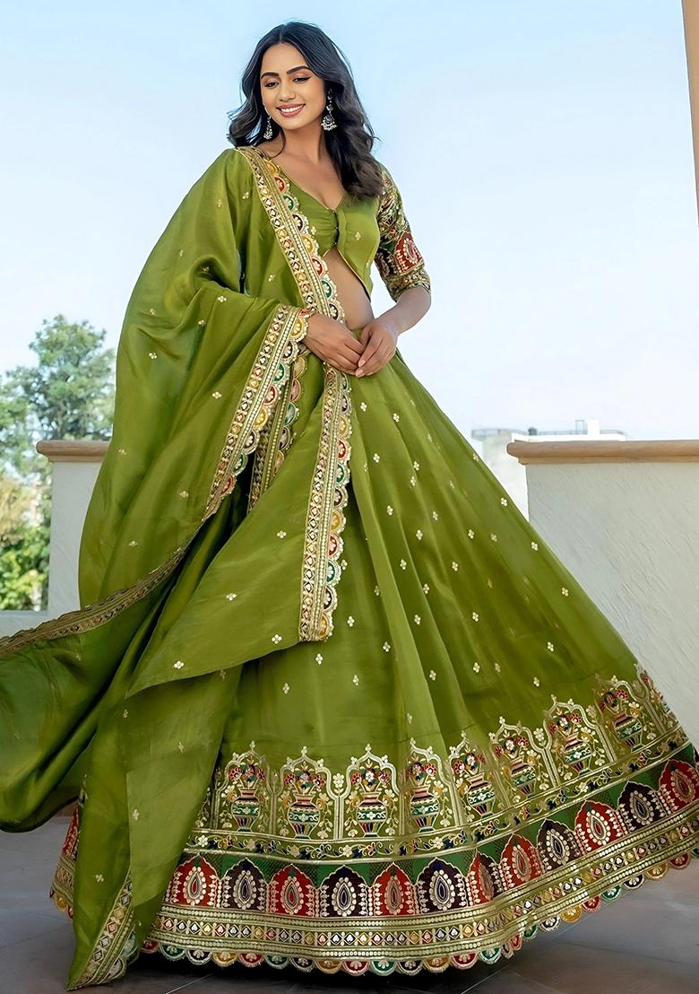 Green Embroidererd Silk Lehenga Set With Dupatta