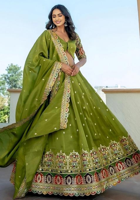Green Embroidererd Silk Lehenga Set With Dupatta