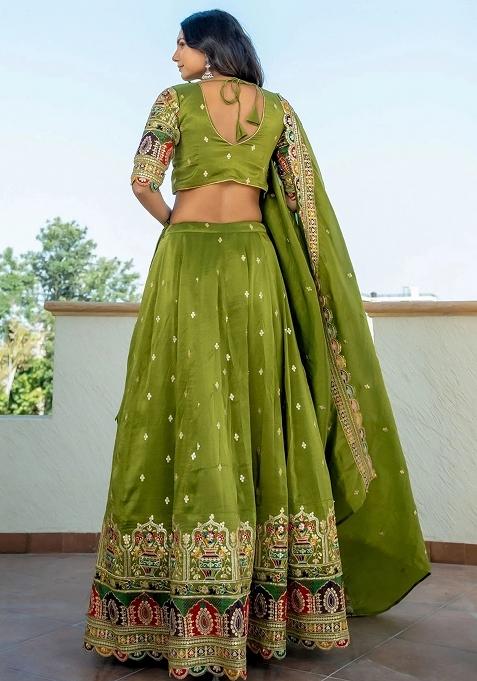 Green Embroidererd Silk Lehenga Set With Dupatta