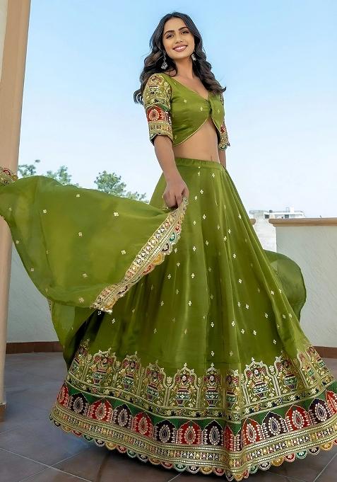 Green Embroidererd Silk Lehenga Set With Dupatta