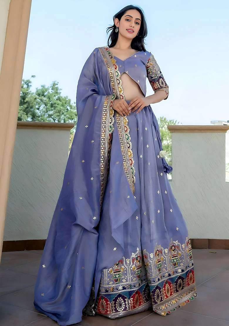 Lavender Embroidererd Silk Blend Lehenga Set With Dupatta for Diwali and Festive Wear - Indya