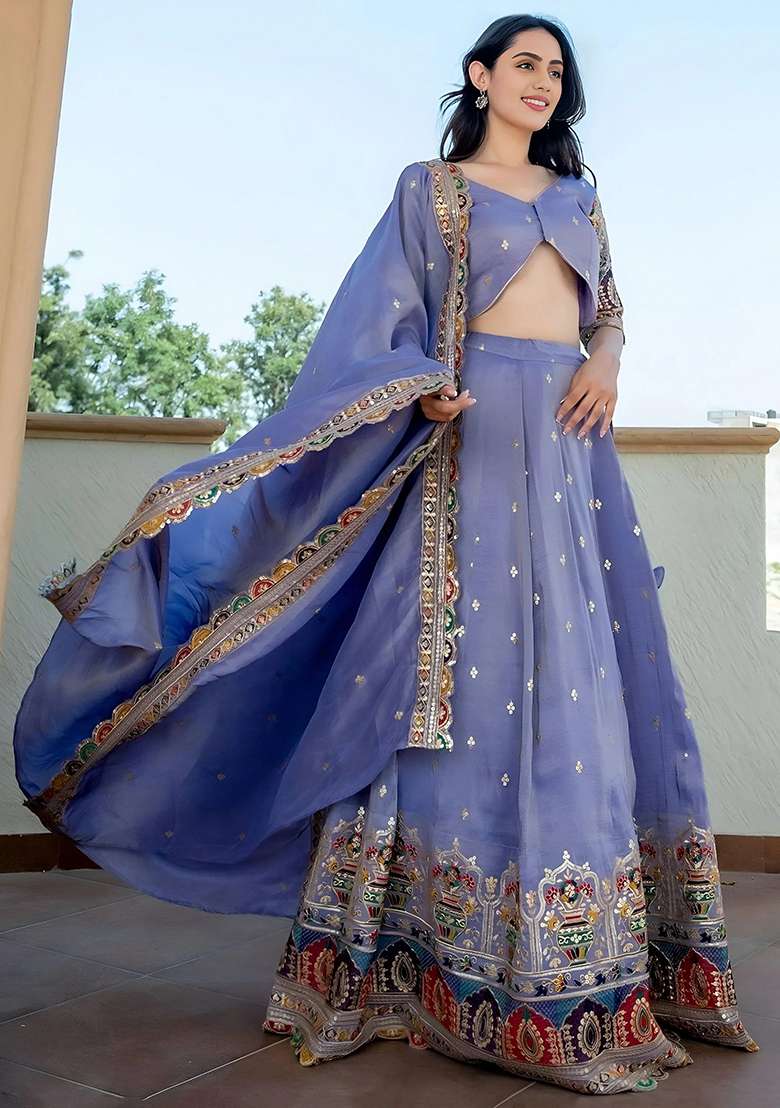 Lavender Embroidererd Silk Blend Lehenga Set With Dupatta for Diwali and Festive Wear - Indya