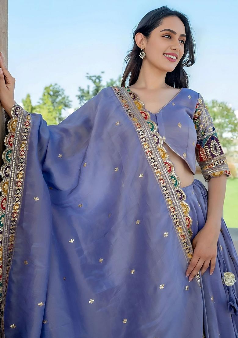 Lavender Embroidererd Silk Lehenga Set With Dupatta