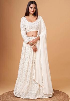 White Embroidererd Georgette Lehenga Set With Dupatta