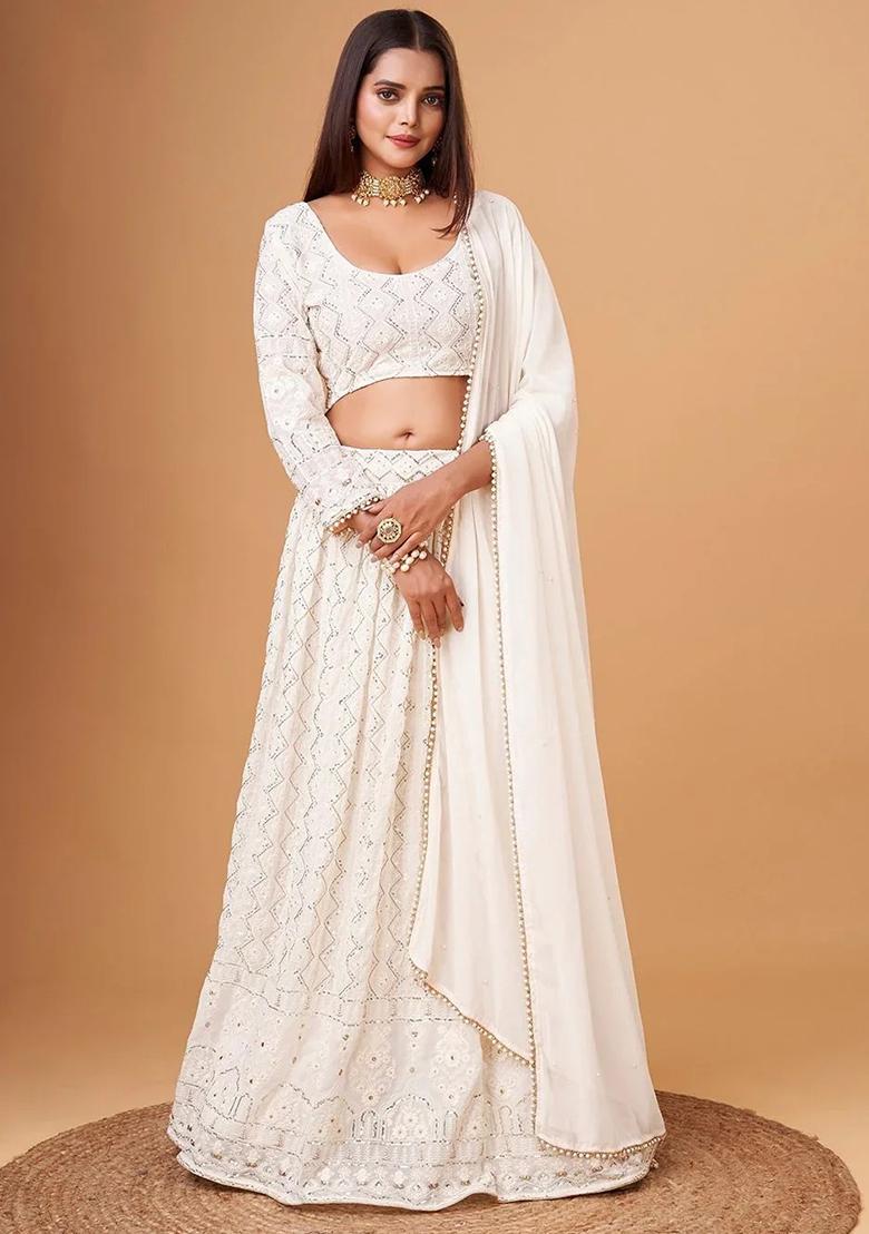 White Embroidererd Georgette Lehenga Set With Dupatta