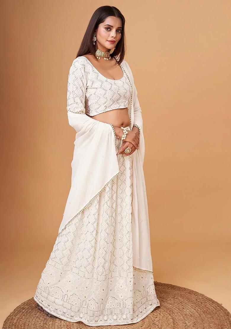 White Embroidererd Georgette Lehenga Set With Dupatta