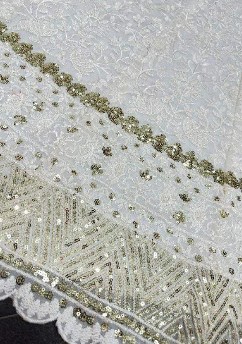 White Embroidererd Georgette Lehenga Set With Dupatta