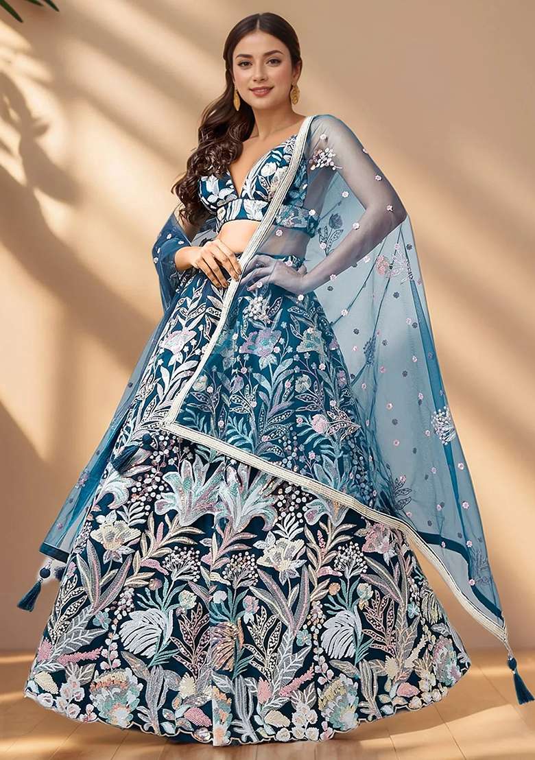 Blue Embroidererd Net Lehenga Set With Dupatta - Indya
