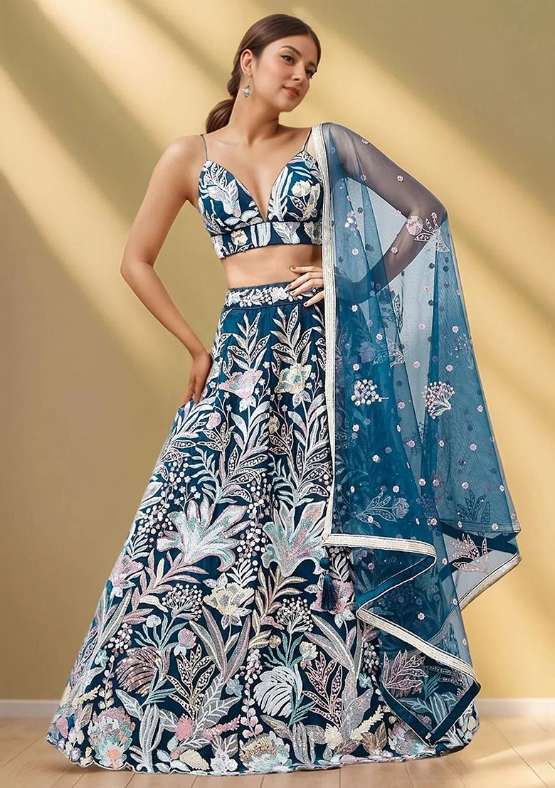Blue Embroidererd Net Lehenga Set With Dupatta