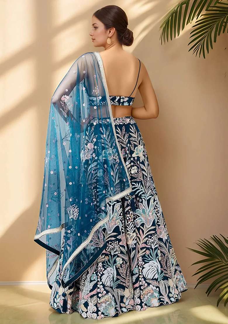 Blue Embroidererd Net Lehenga Set With Dupatta - Indya