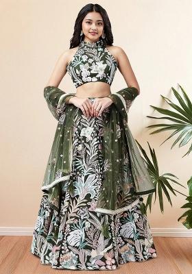 Green Embroidererd Net Lehenga Set With Dupatta