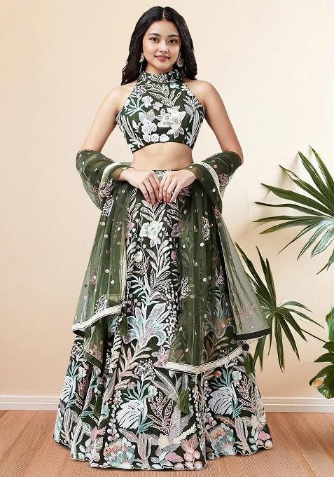 Green Embroidererd Net Lehenga Set With Dupatta