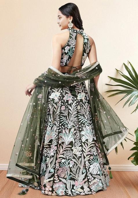 Green Embroidererd Net Lehenga Set With Dupatta