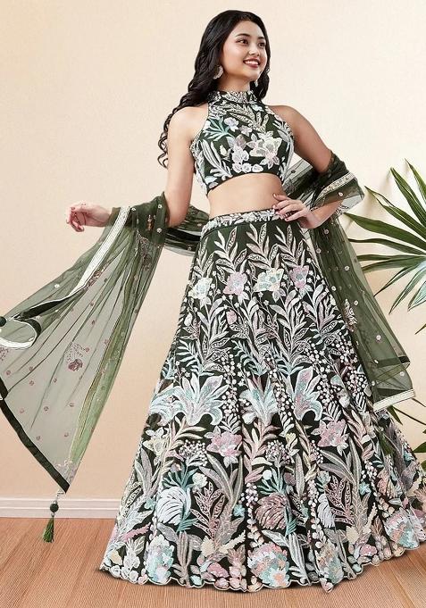 Green Embroidererd Net Lehenga Set With Dupatta