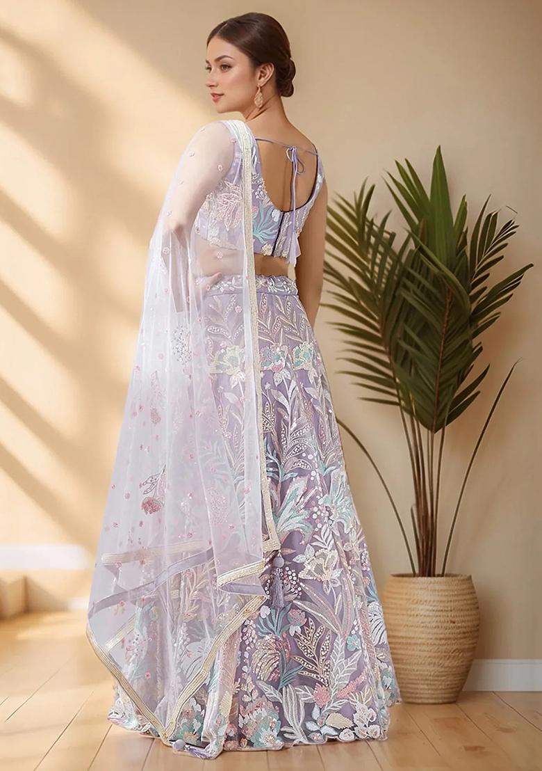 Lavender Embroidererd Net Lehenga Set With Dupatta