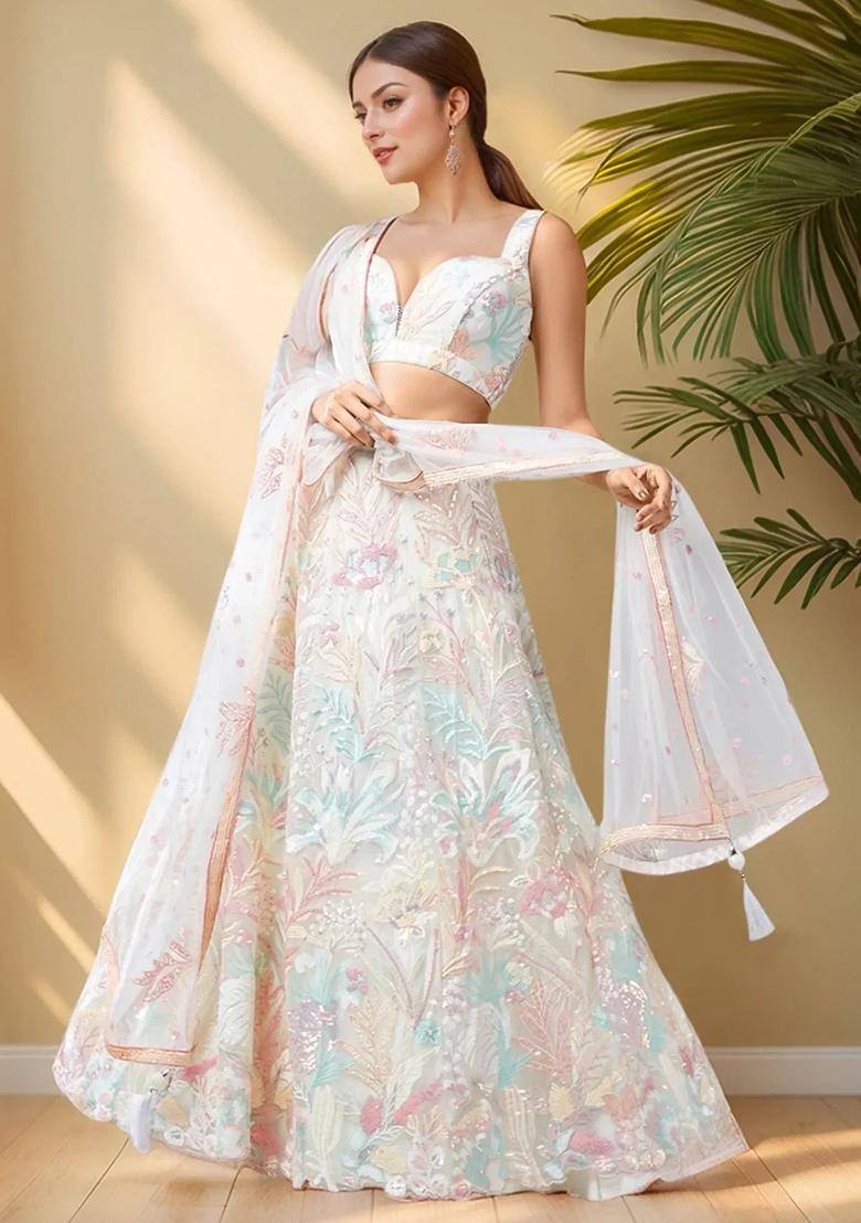 Off White Embroidererd Net Lehenga Set With Dupatta