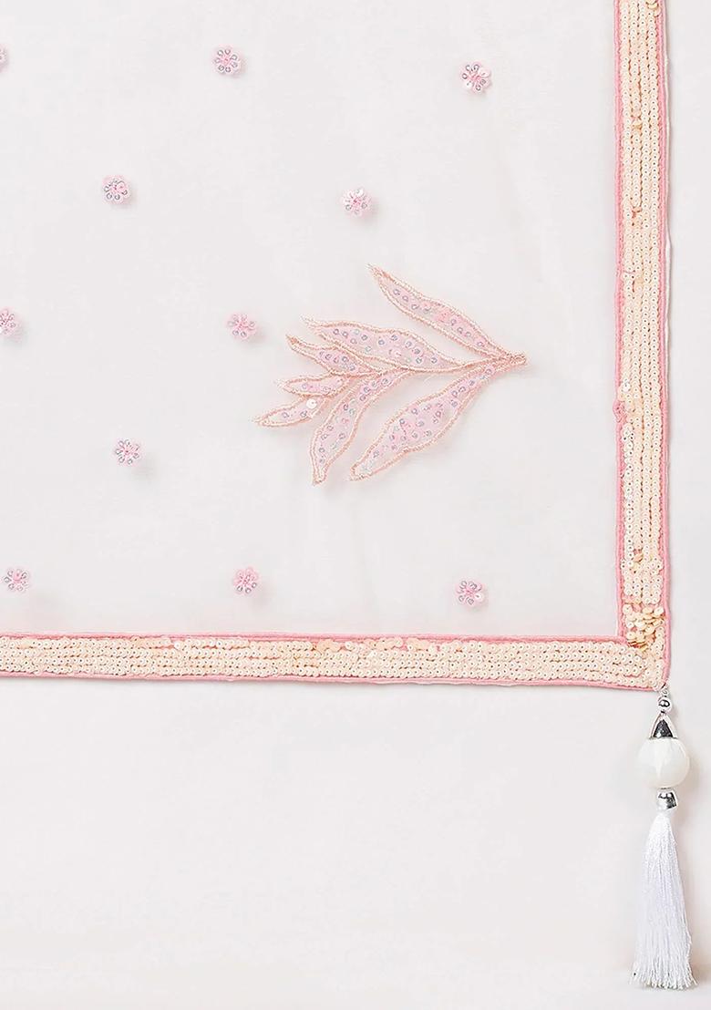 Off White Embroidererd Net Lehenga Set With Dupatta