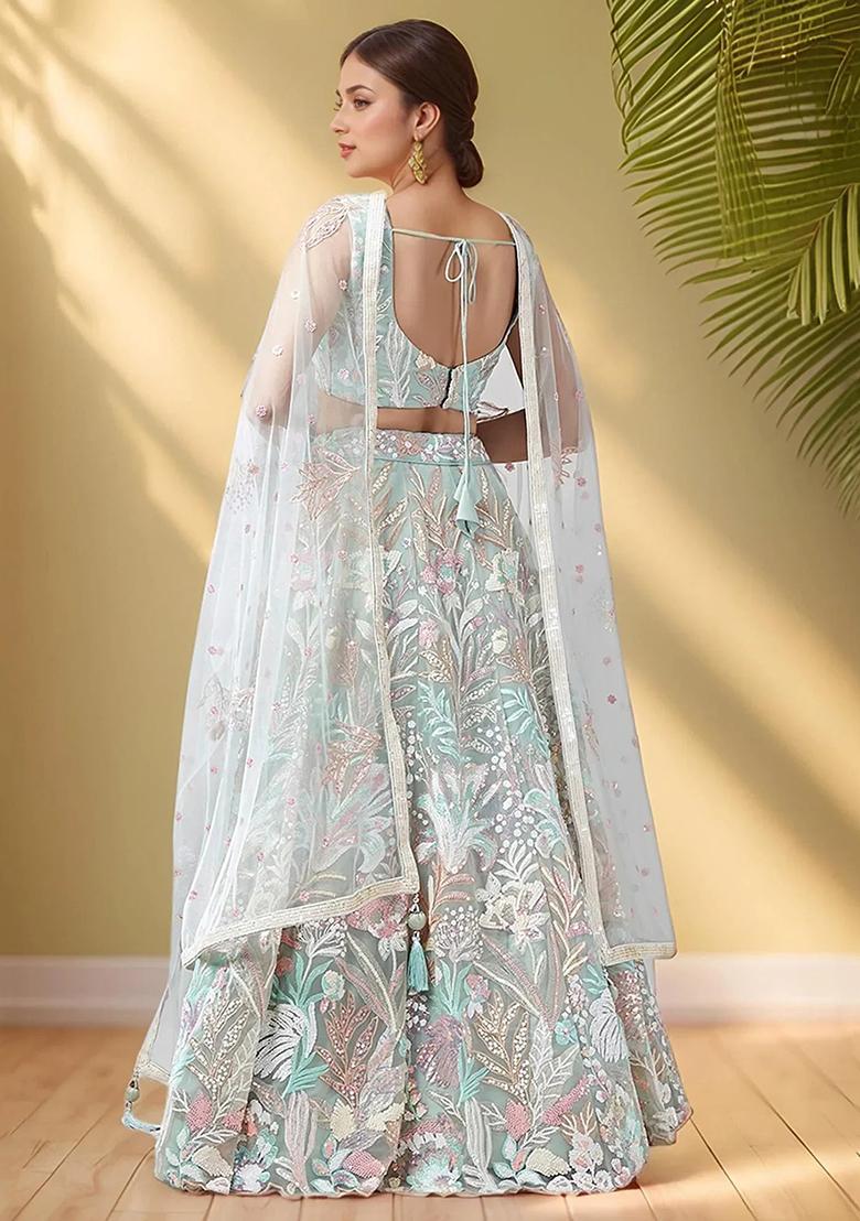 Green Embroidererd Net Lehenga Set With Dupatta