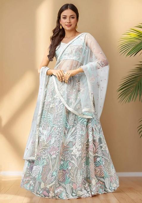 Green Embroidererd Net Lehenga Set With Dupatta