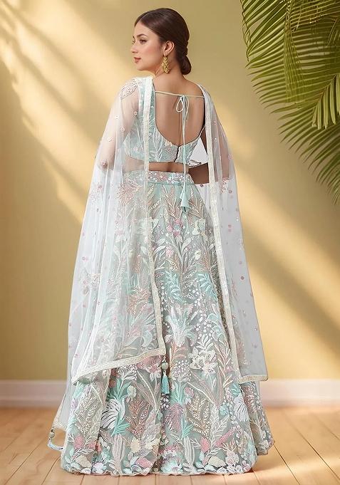 Green Embroidererd Net Lehenga Set With Dupatta