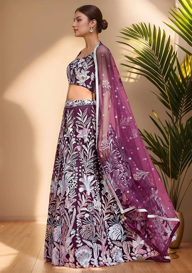 Purple Embroidererd Net Lehenga Set With Dupatta