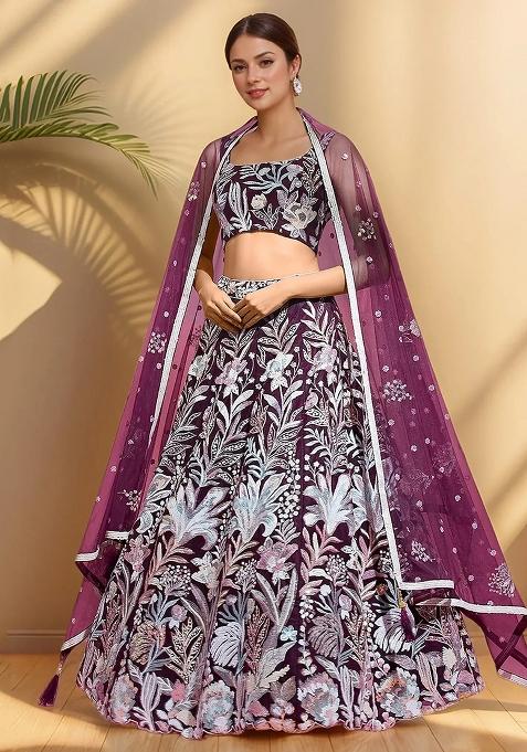 Purple Embroidererd Net Lehenga Set With Dupatta